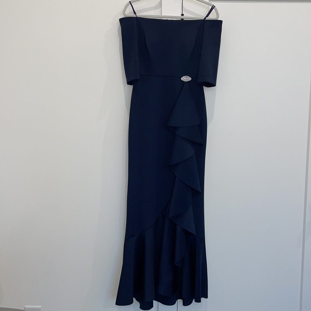 Navy Eliza J off the shoulder formal dress